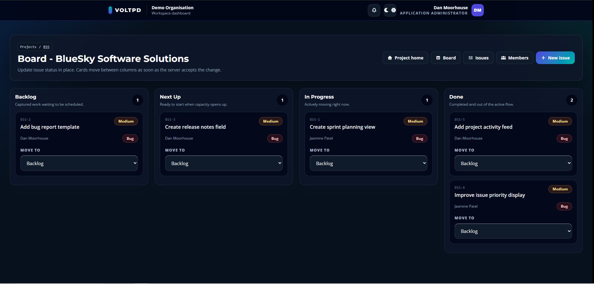 VoltPD project board showing issue columns and active work cards